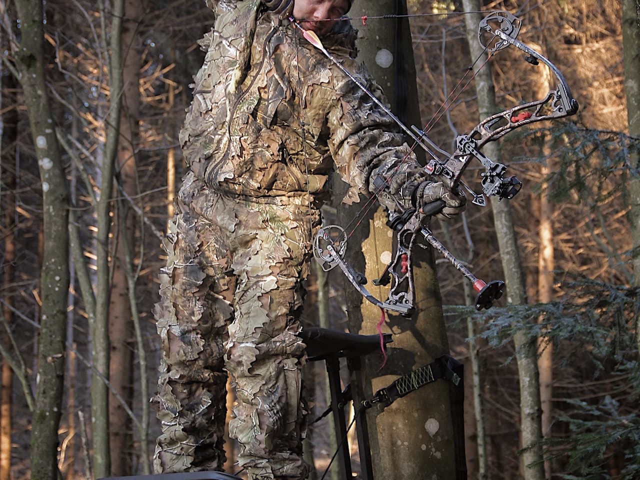 Hunter in 3D leaf camo suit aiming a compound bow from a tree stand in a forest