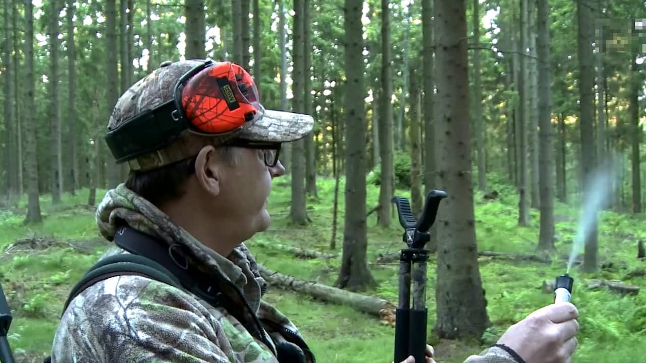 Swedish hunter in camouflage gear checking wind direction using powder spray in a dense green forest, with a rifle and hearing protection visible