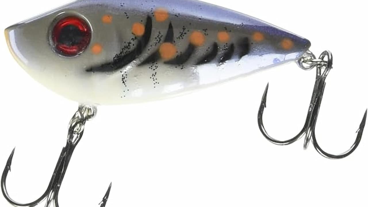 Fishing lure with red eye, black and orange pattern, and two treble hooks