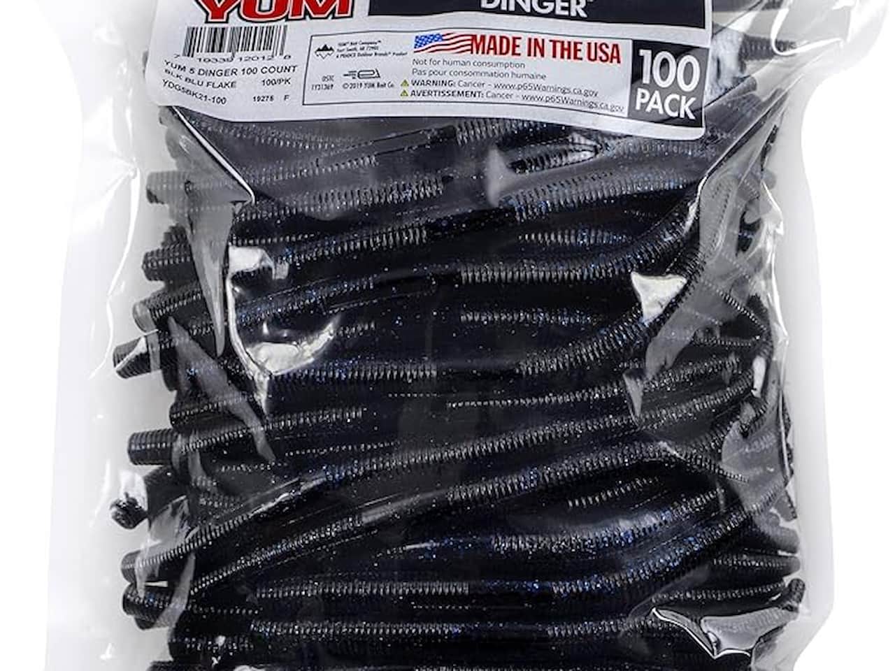 Package of 100 YUM Dinger soft plastic fishing worms, black with blue flake