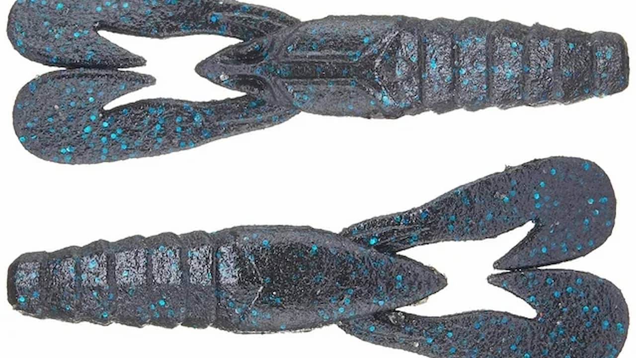 Two soft plastic crawfish-style fishing lures in dark gray with blue glitter specks