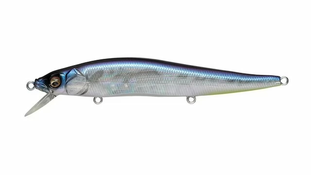 Shiny blue-silver jerkbait fishing lure with three hook attachment points and a small diving lip