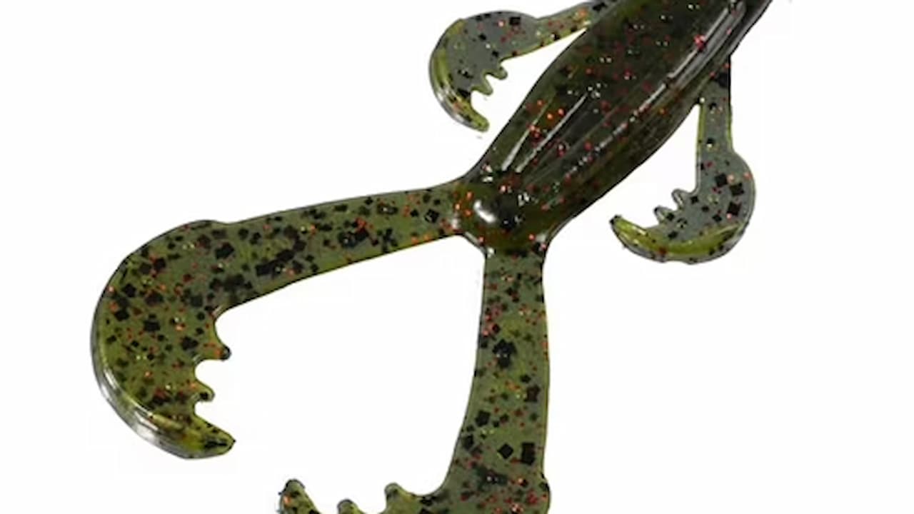 Green soft plastic creature bait with large flapping appendages, speckled with red and black flakes