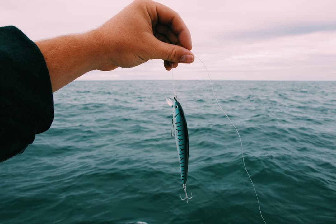 Hand holding a fishing line with a fish-shaped artificial lure above the ocean, with choppy water and an overcast sky in the background