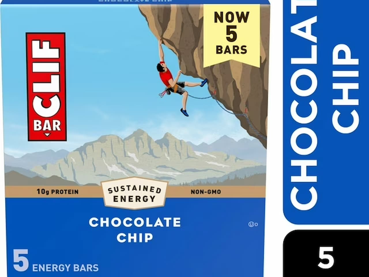 Box of CLIF Bar Chocolate Chip Energy Bars featuring a climber on a mountain cliff
