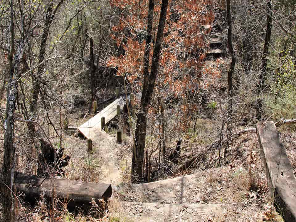 Narrow wooden footbridge crossing a dry forested ravine on Canyon Ridge Trail