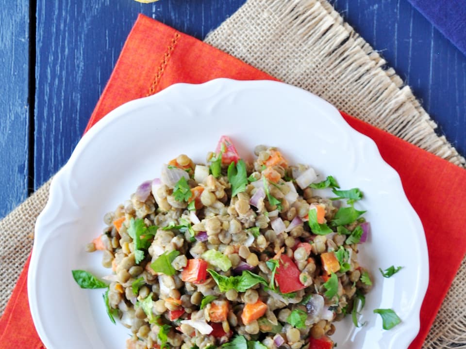 White plate filled with Mediterranean lentil salad, featuring green lentils, chopped red onion, diced tomatoes, carrots, and fresh parsley