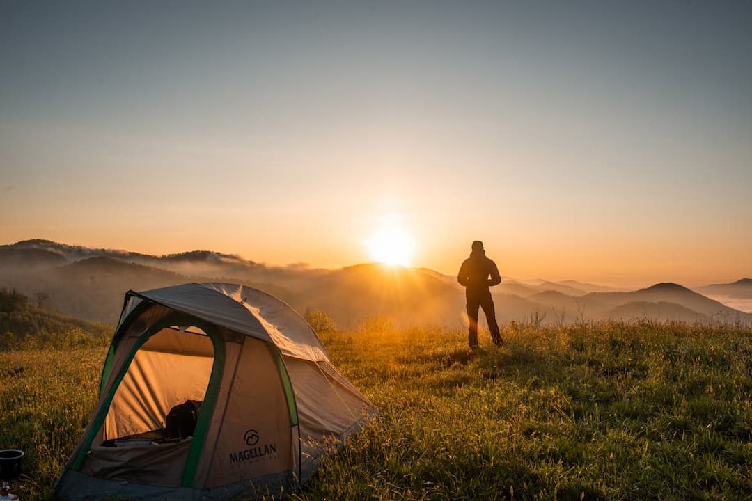 Person standing on a rock in grassy valley, facing mountain range during sunrise, golden light casting long shadows