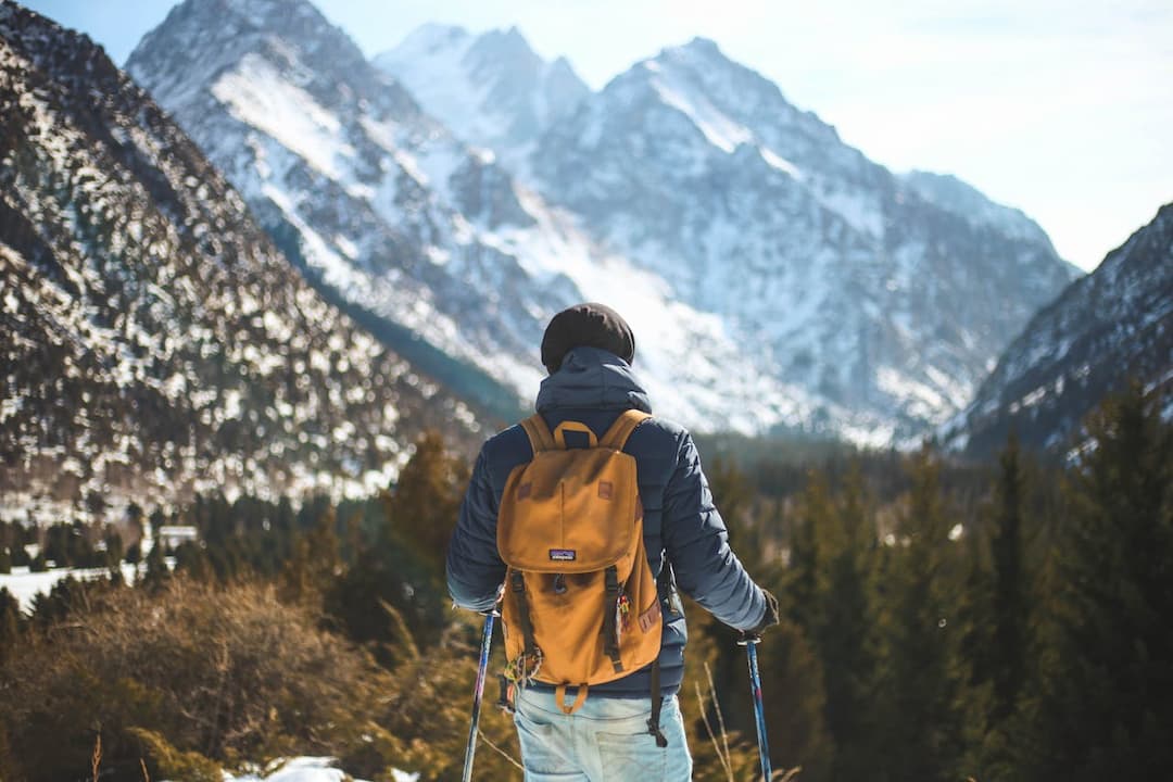Hiker with a yellow backpack and trekking poles standing on a snowy trail, facing snow-covered mountains and pine trees under a clear sky
