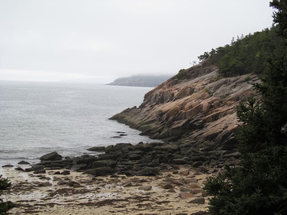 Rocky coastal shoreline with sandy patches, dark boulders, and sloping cliffs topped with evergreen trees, overlooking a calm, overcast ocean under a misty sky