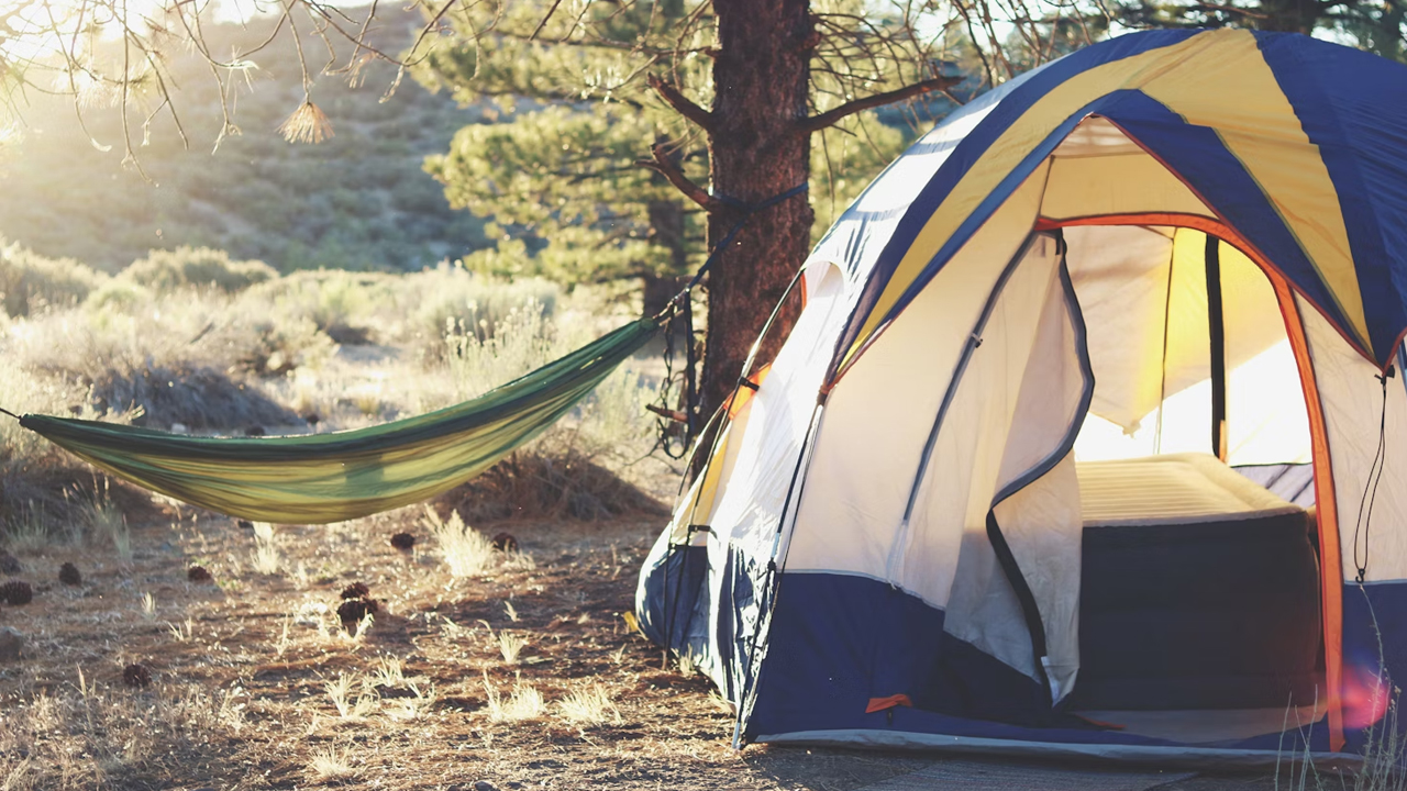 Campers set up tents near a river for an overnight stay, possibly after a day of hiking or fishing, early morning or late afternoon light, signs of previous activity with litter left behind, peaceful yet slightly untidy campsite