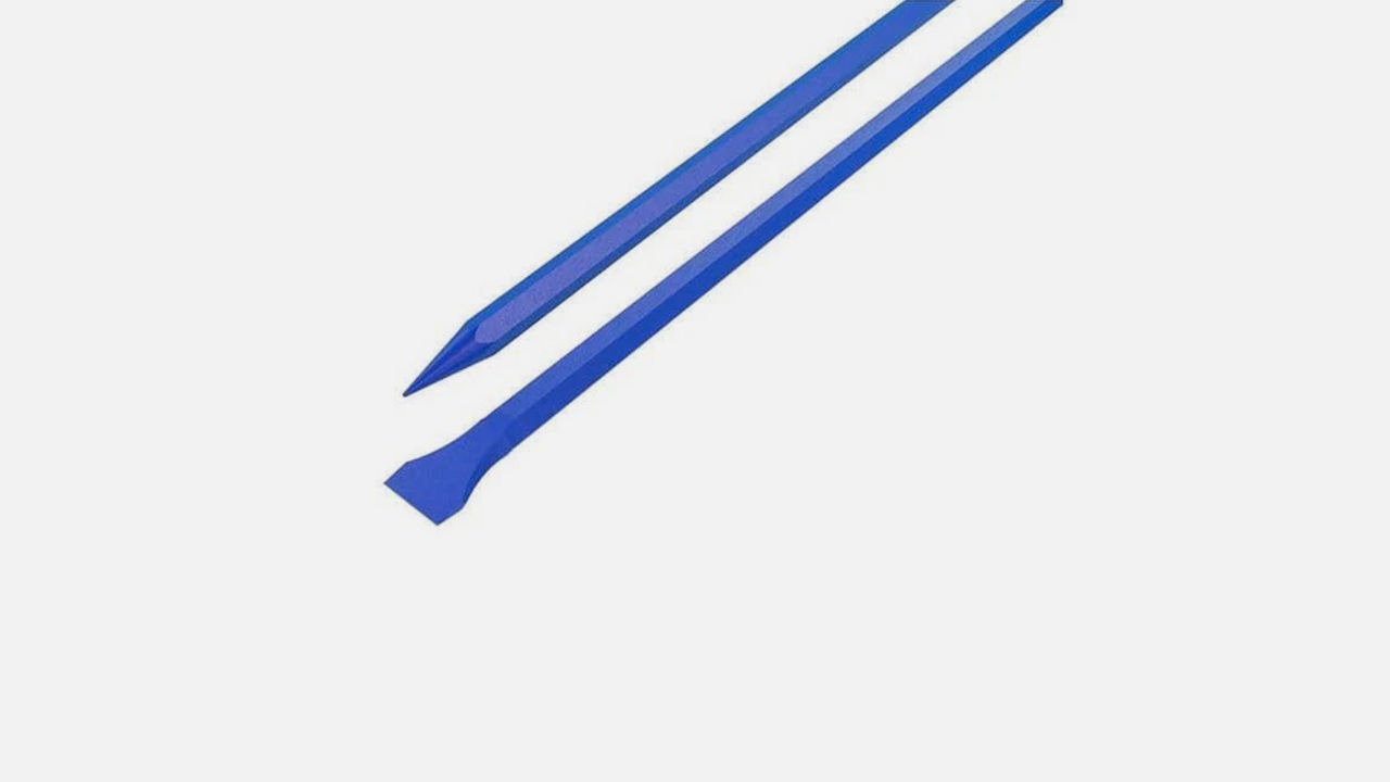 Two blue digging bars, one with a pointed tip and the other with a flat chisel end, on white background