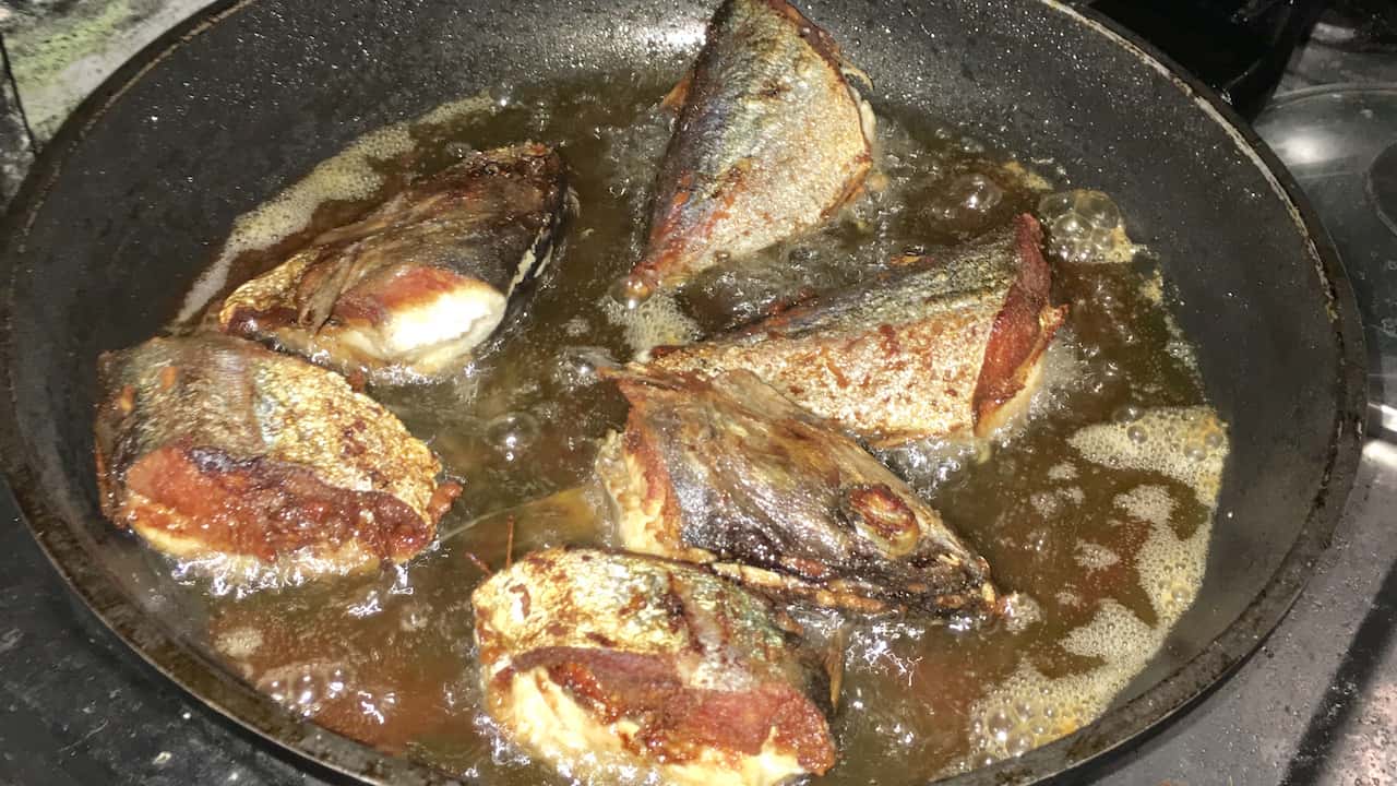 Chunks of fish frying in hot oil in a black pan on a camp stove