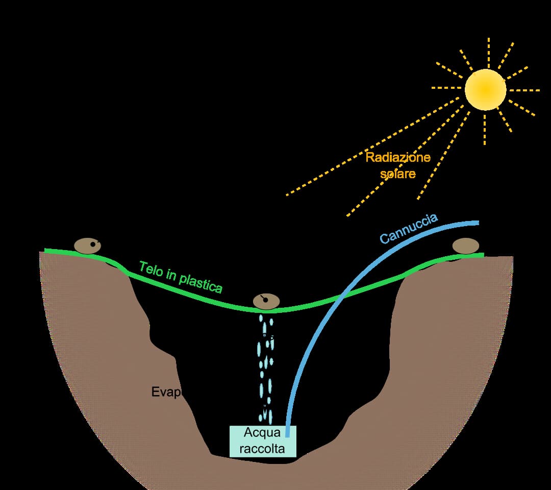 Diagram of a solar still showing sunlight (radiazione solare) heating the ground, causing evaporation (evap) inside a pit lined with plastic sheet (telo in plastica), with a rock in the center creating a drip point that channels condensed water (acqua raccolta) into a container via a straw (cannuccia)