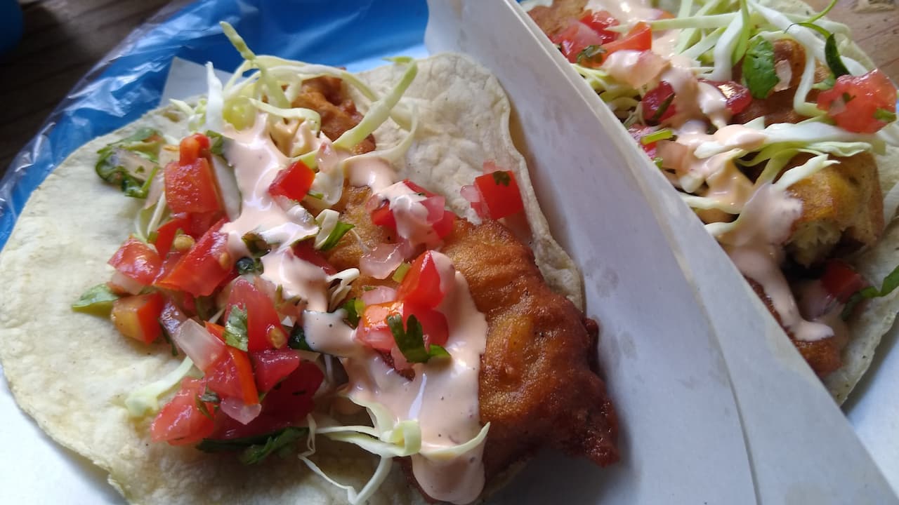 Two fish tacos topped with shredded cabbage, diced tomatoes, cilantro, and creamy sauce on soft corn tortillas