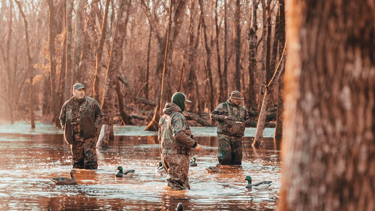 Three men in camouflage gear standing in flooded forest, wearing waders and hats, surrounded by water and duck decoys, bare trees in background